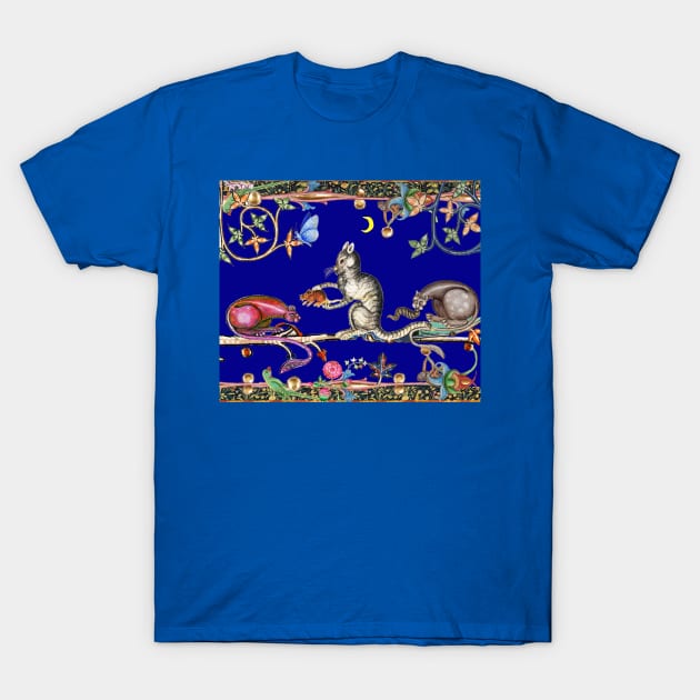 WEIRD MEDIEVAL BESTIARY THREE HUNTER CATS AND MOUSE IN BLUE NIGHT T-Shirt by BulganLumini